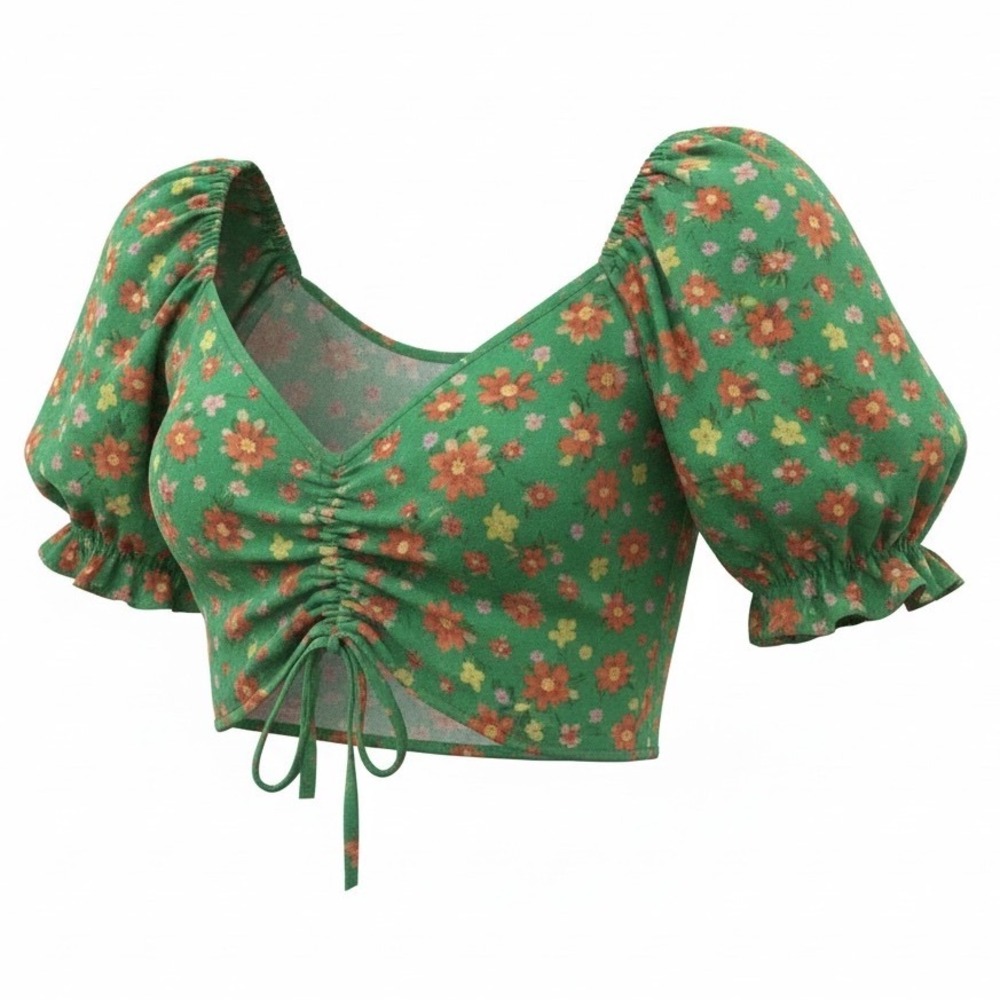 525 America Garden Multi Floral Knit Ruched Puff Sleeve Crop Top L NEW (A)